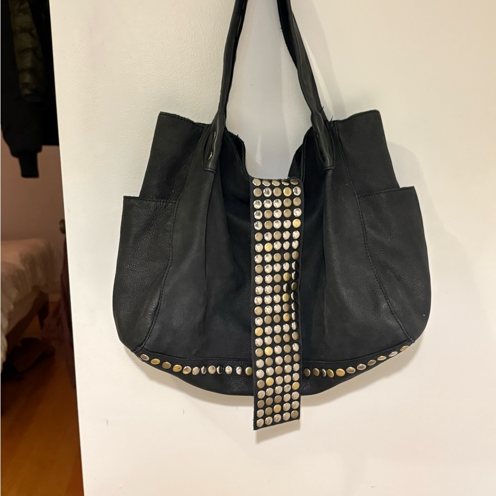 Japanese brand Black Studded Leather Tote Bag similar to yohji Yamamoto